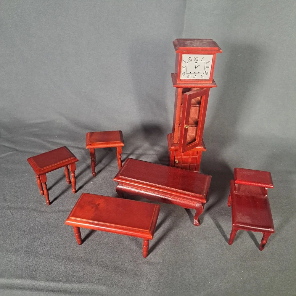 VTG Miniature Dollhouse Furniture 1:12 Wood Grandfather Clock Tables Mahogany
